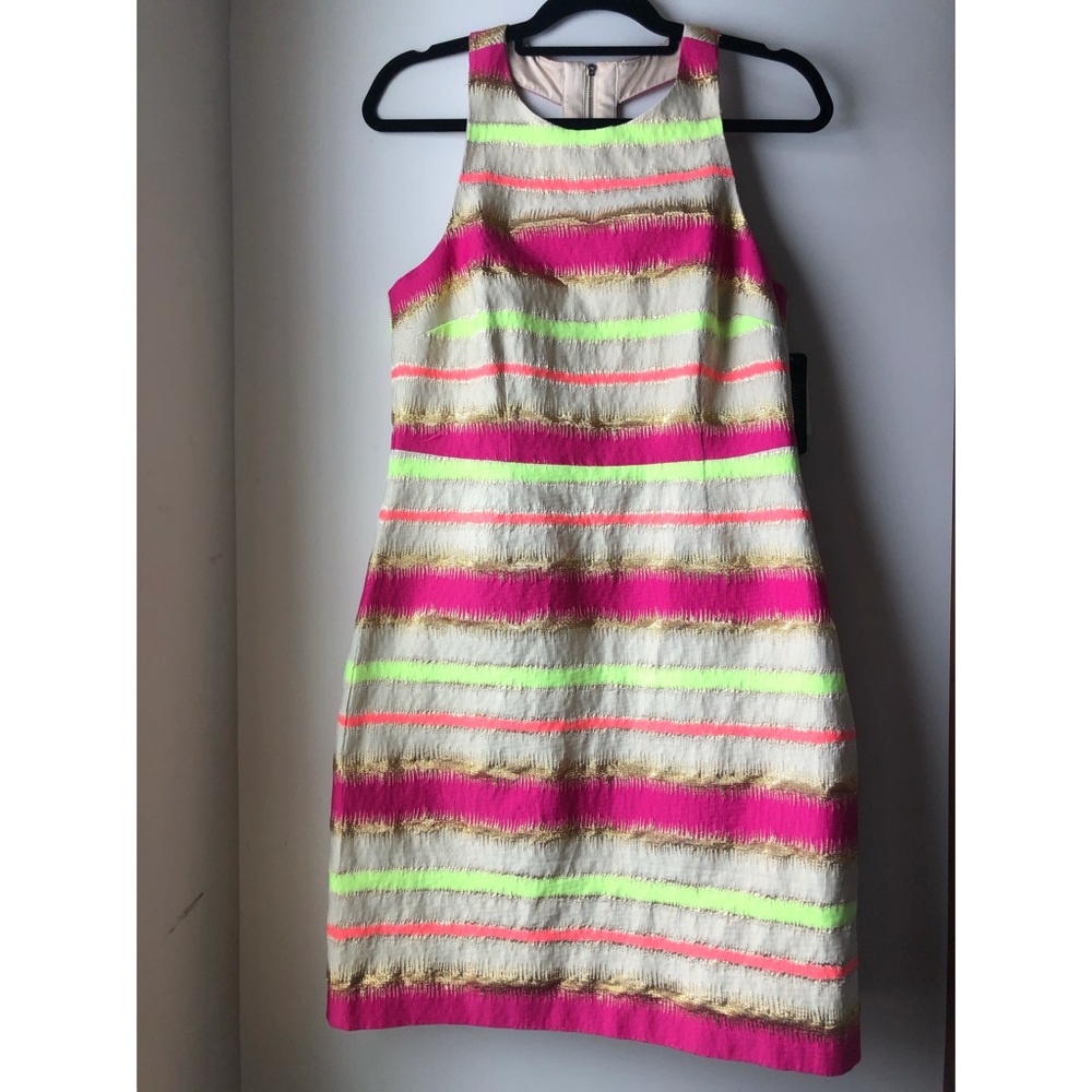 Laundry Exposed Back Metallic Stripped Mini Dress